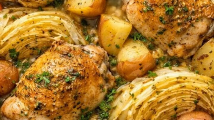 Seasoned chicken thighs, braised cabbage wedges, and tender red potatoes in a black slow cooker.
