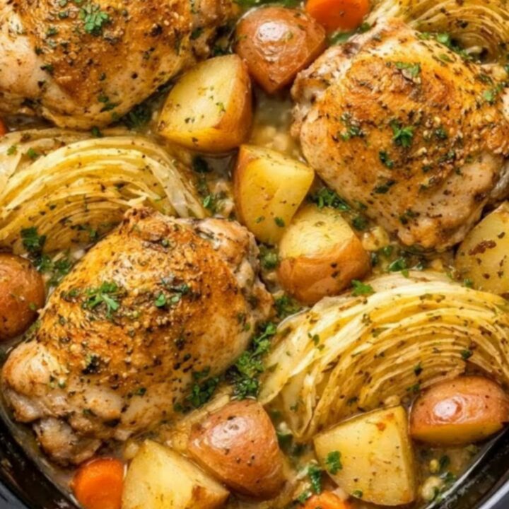 Seasoned chicken thighs, braised cabbage wedges, and tender red potatoes in a black slow cooker.