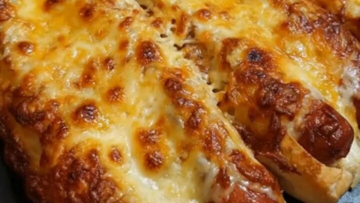 Four oven-baked hot dogs in crispy buns, completely covered in a thick layer of melted, bubbling, golden-brown cheese.