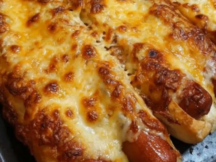 Four oven-baked hot dogs in crispy buns, completely covered in a thick layer of melted, bubbling, golden-brown cheese.