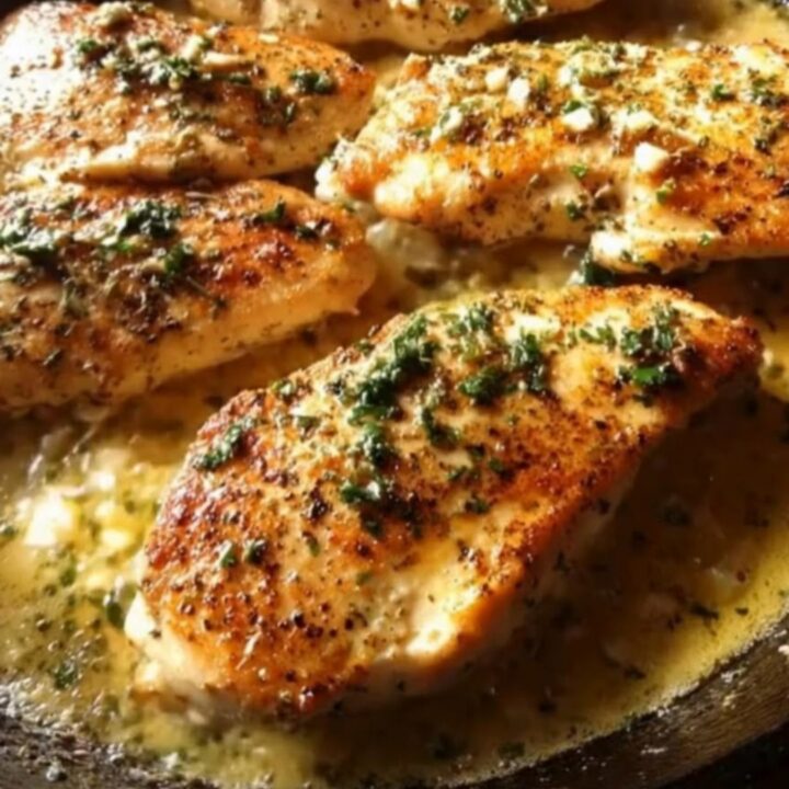 Five golden-brown chicken breasts simmering in a rich garlic butter sauce garnished with fresh parsley in a cast iron