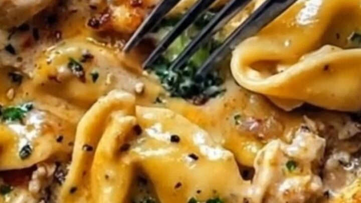 A steaming plate of creamy chicken tortellini with bright green broccoli florets in a rich garlic parmesan sauce.