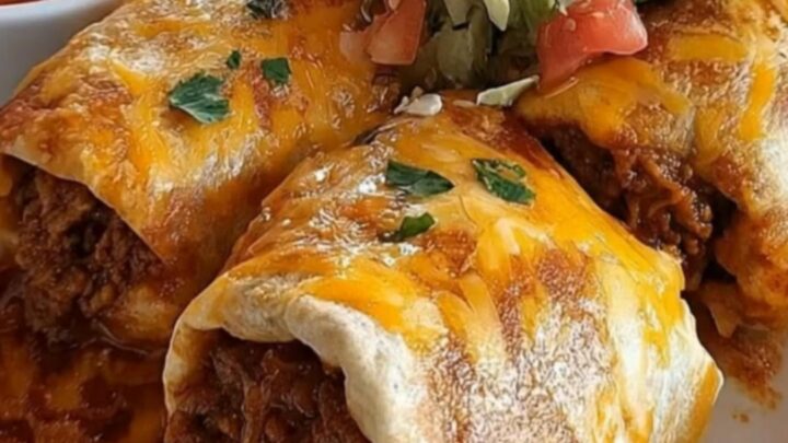 Sliced crispy beef chimichanga on a white plate showing steaming seasoned beef and melted cheese.