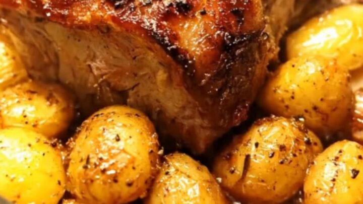 A roasted pork loin surrounded by glistening, golden-brown baby potatoes in a roasting pan
