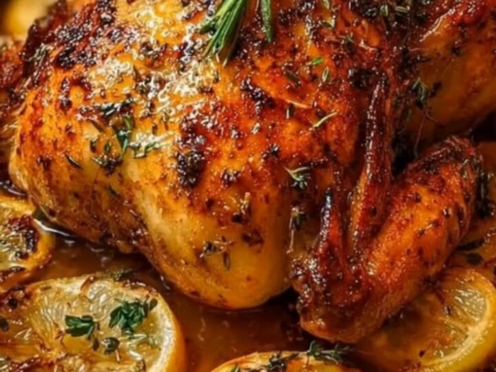 A whole roasted Christmas chicken resting on caramelized lemon slices and rosemary sprigs in a roasting pan.