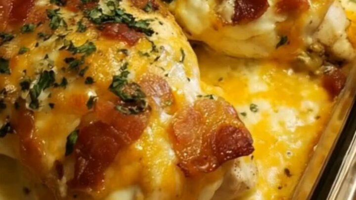 Three baked chicken breasts topped with melted mozzarella cheese, crispy bacon bits, and fresh parsley in a glass dish.