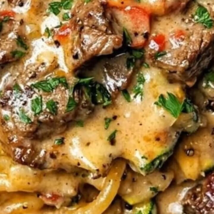 A plate of creamy steak spaghetti with zucchini, garnished with parsley flakes in warm cinematic lighting.