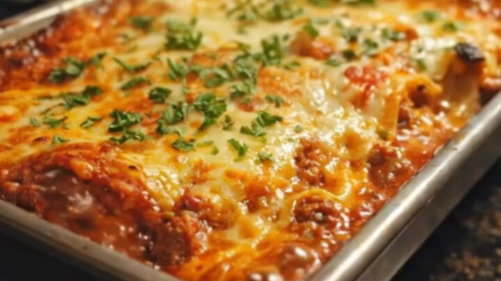 A spatula lifting a steaming slice of million dollar lasagna from a pan, showing a long cheese pull.