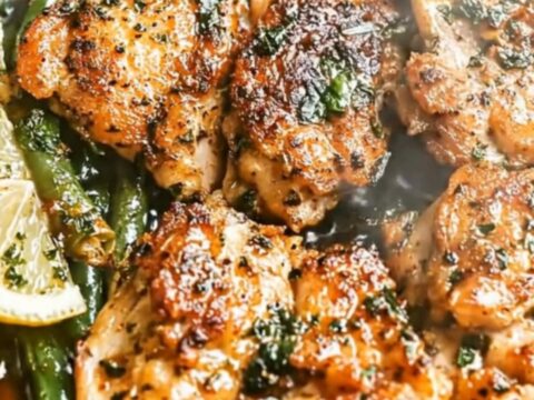 A rustic cast-iron skillet filled with juicy seared chicken thighs, vibrant green beans, and lemon wedges.