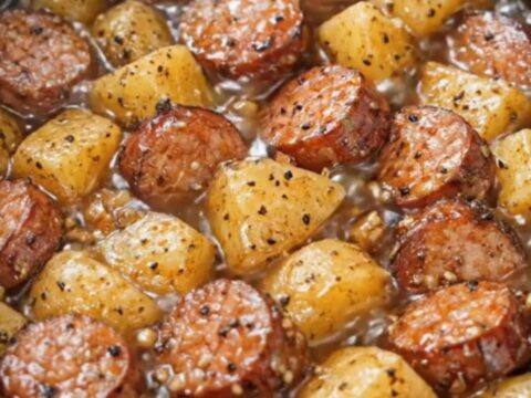 A warm bowl of slow cooker smoked sausage slices and tender seasoned diced potatoes glistening in a rich broth
