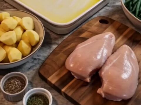 A complete golden-baked herb chicken breast with tender baby potatoes and vibrant green beans in a ceramic dish.