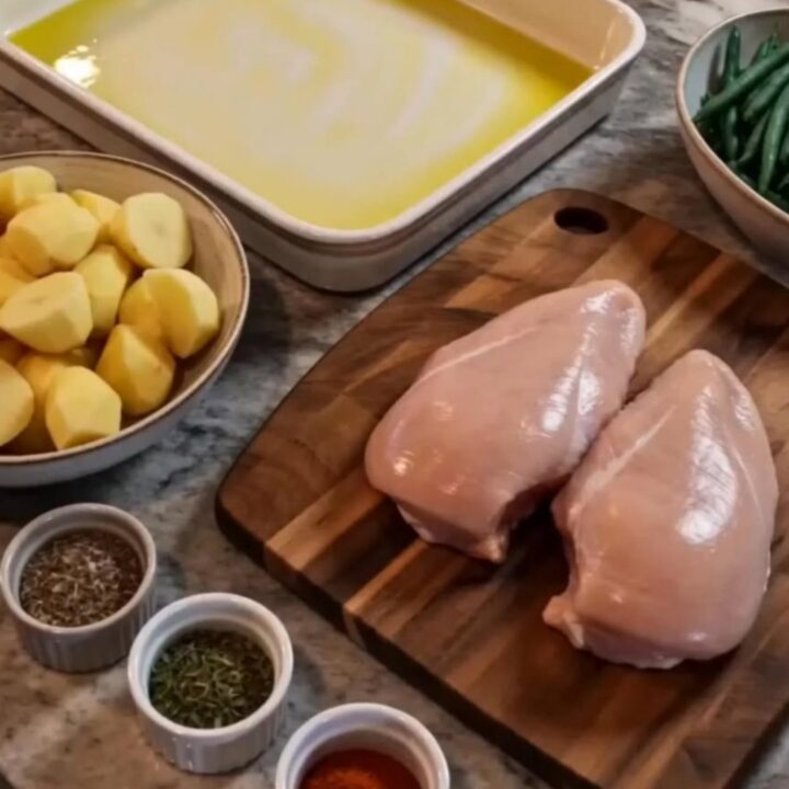 A complete golden-baked herb chicken breast with tender baby potatoes and vibrant green beans in a ceramic dish.
