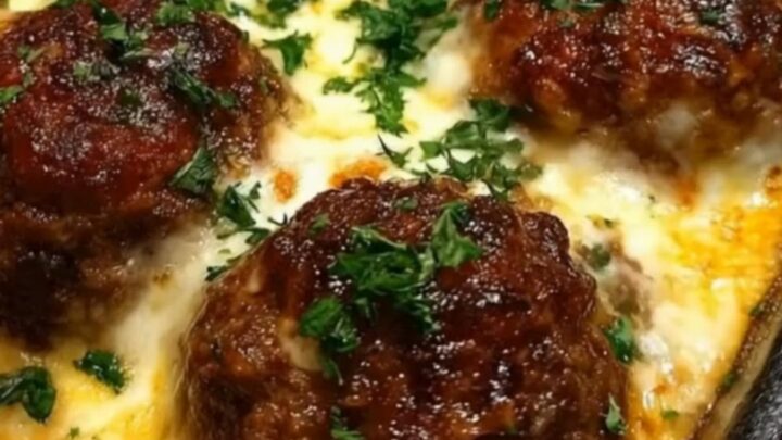 A red baking dish filled with golden-brown meatballs nestled in bubbling marinara sauce and topped with melted cheese.