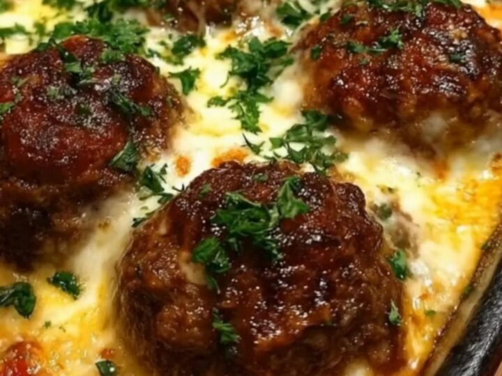 A red baking dish filled with golden-brown meatballs nestled in bubbling marinara sauce and topped with melted cheese.