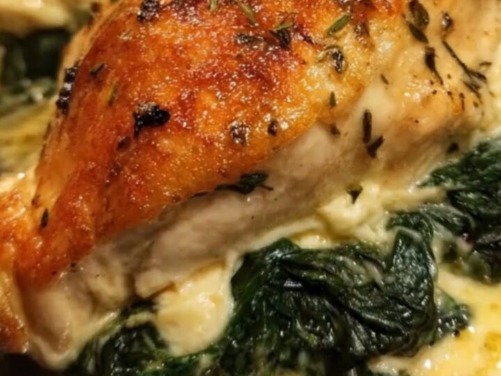 A golden-brown baked stuffed chicken breast sliced open to reveal a creamy spinach and melted cheese filling.