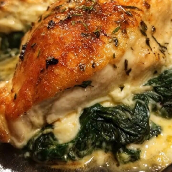 A golden-brown baked stuffed chicken breast sliced open to reveal a creamy spinach and melted cheese filling.
