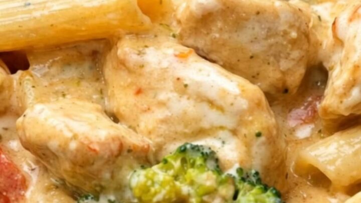 A plate of creamy chicken penne pasta with bright green broccoli and red bell peppers in a rich cheese sauce.