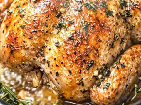 A golden, glistening slow cooker rotisserie chicken garnished with fresh rosemary sprigs and garlic cloves.