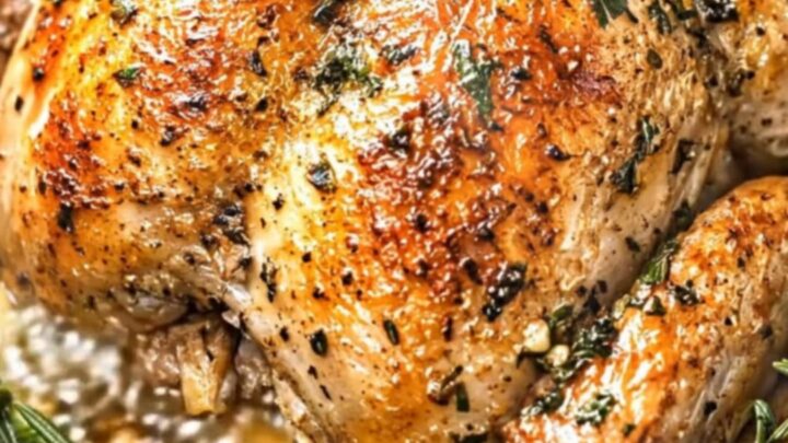 A golden, glistening slow cooker rotisserie chicken garnished with fresh rosemary sprigs and garlic cloves.