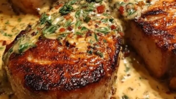 Four golden, seared pork chops bathed in a rich, bubbling ranch cream sauce with fresh thyme sprigs in a cast-iron skillet.
