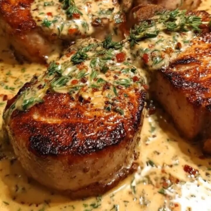 Four golden, seared pork chops bathed in a rich, bubbling ranch cream sauce with fresh thyme sprigs in a cast-iron skillet.