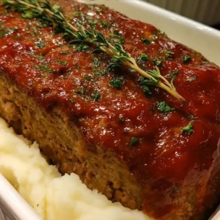 A glistening glazed meatloaf resting in a white baking dish on a bed of fluffy mashed potatoes, garnished with fresh thyme.