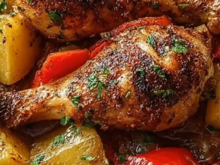 Glistening roasted chicken drumsticks and tender potatoes in a rustic roasting pan with negative space in the upper frame.