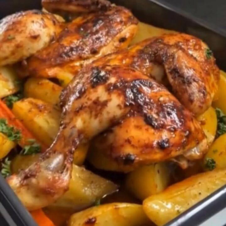 A beautifully browned, spatchcocked roast chicken resting over golden potato wedges in a dark roasting pan.