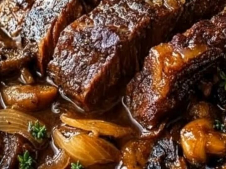 Tender sliced French onion mushroom pot roast in a Dutch oven with caramelized onions and fresh thyme