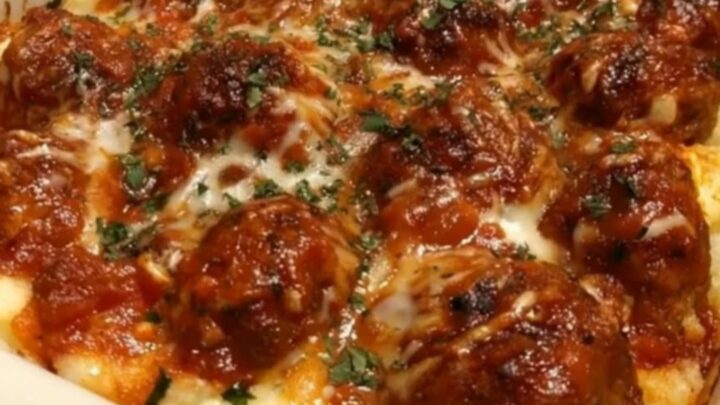 A bubbling casserole dish of cheesy meatball and mashed potato bake garnished with fresh parsley on a wooden table.