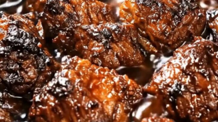 A close-up shot of caramelized, tender country-style boneless pork ribs simmering in a slow cooker.