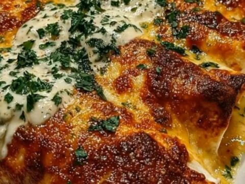A white platter of bubbly, golden-brown baked chicken enchiladas topped with white cream sauce and fresh parsley.