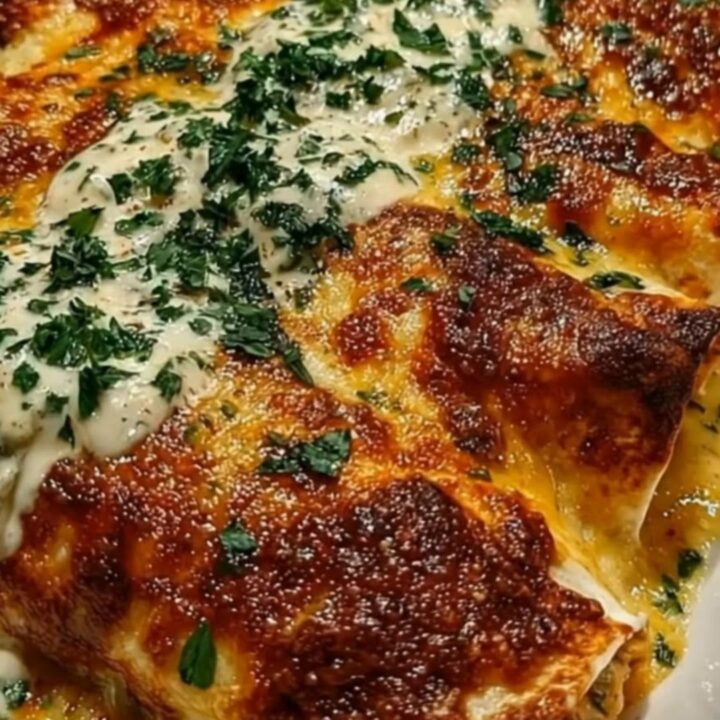 A white platter of bubbly, golden-brown baked chicken enchiladas topped with white cream sauce and fresh parsley.