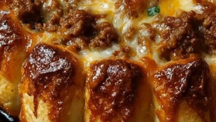 Golden-brown baked taco crescent ring casserole garnished with sour cream, diced tomatoes
