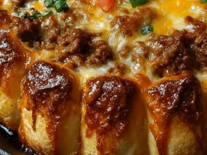 Golden-brown baked taco crescent ring casserole garnished with sour cream, diced tomatoes