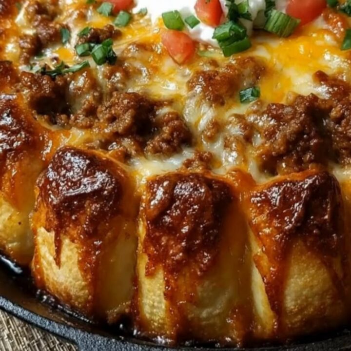 Golden-brown baked taco crescent ring casserole garnished with sour cream, diced tomatoes