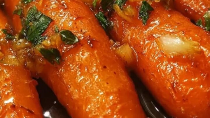 A skillet filled with glistening, caramelized honey garlic carrots garnished with fresh chopped herbs.