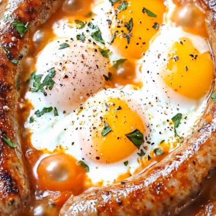 A rustic cast-iron skillet filled with bubbling spiced tomato sauce, browned sausages
