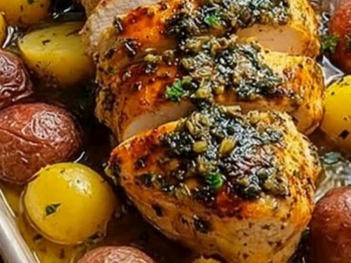 A ceramic baking dish filled with juicy sliced herb-roasted chicken and crispy red and yellow baby potatoes