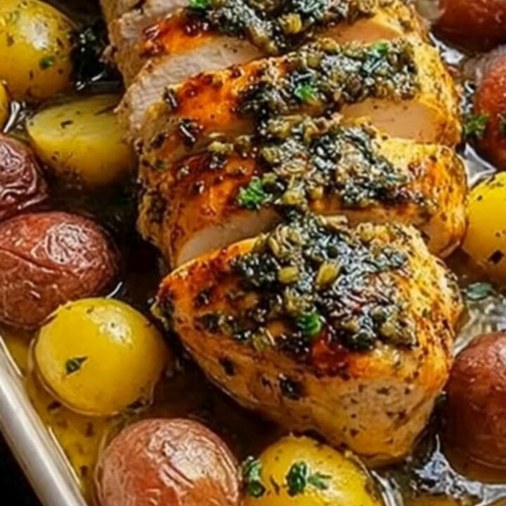 A ceramic baking dish filled with juicy sliced herb-roasted chicken and crispy red and yellow baby potatoes