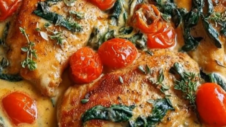 Glistening seared chicken breast nestled in a bubbling skillet of garlic cream sauce with blistered tomatoes and wilted
