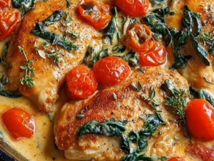 Glistening seared chicken breast nestled in a bubbling skillet of garlic cream sauce with blistered tomatoes and wilted