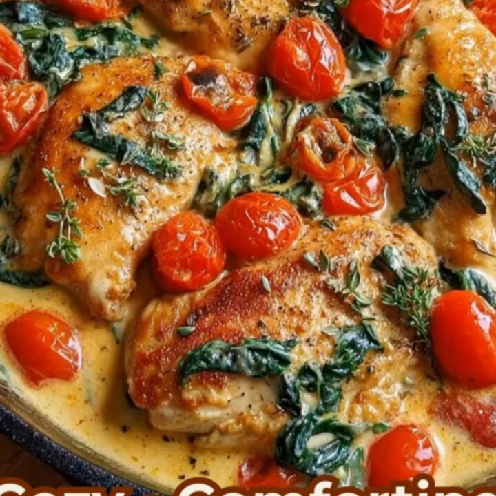 Glistening seared chicken breast nestled in a bubbling skillet of garlic cream sauce with blistered tomatoes and wilted