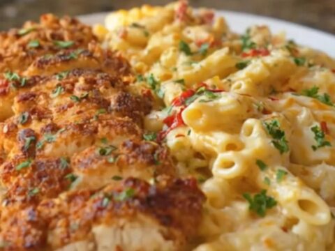 A close-up of golden seared chicken arranged over a plate of creamy, cheesy penne pasta garnished with parsley