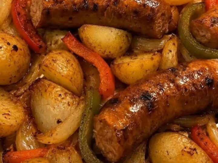 A large aluminum sheet pan loaded with browned Italian sausages, golden-brown roasted potato wedges