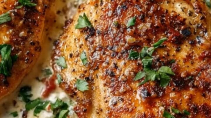 A silver spoon pouring velvety, bubbling garlic cream sauce over golden, pan-seared chicken thighs in a skillet.