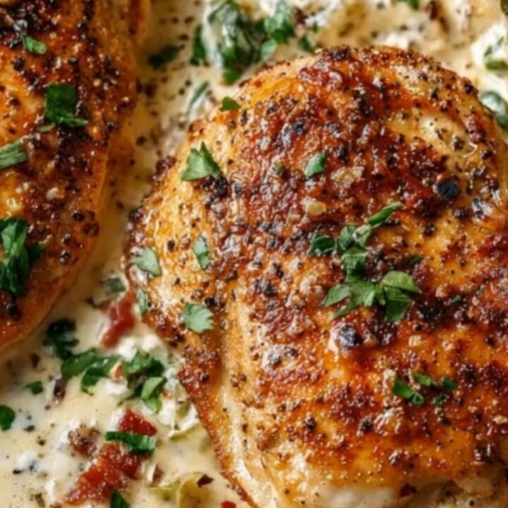 A silver spoon pouring velvety, bubbling garlic cream sauce over golden, pan-seared chicken thighs in a skillet.