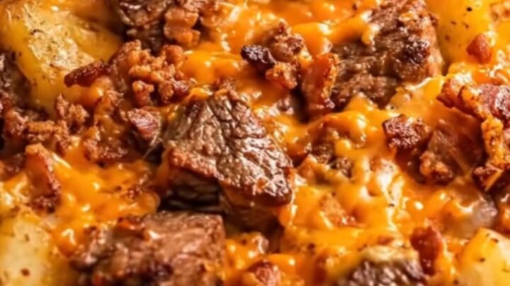 A slow cooker filled with tender seared steak, golden cubed potatoes, melted cheddar cheese, and crispy bacon.