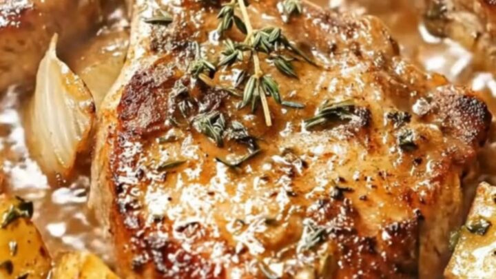 A cast-iron skillet featuring golden, seared pork chops and tender potatoes glazed in a rich garlic butter sauce.