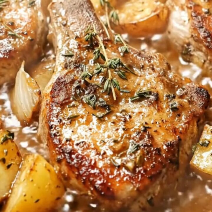 A cast-iron skillet featuring golden, seared pork chops and tender potatoes glazed in a rich garlic butter sauce.